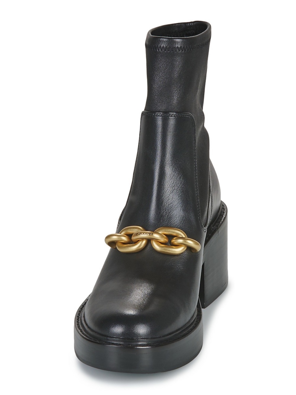 Coach Kenna Black Leather Ankle Boot with Gold Chain Accent - Picture 3 of 5